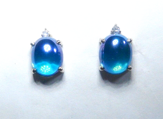*VINTAGE*  14K 6.00 CT TW 10mm x 8mm Blue Chalcedony & Diamond  Stud Earrings