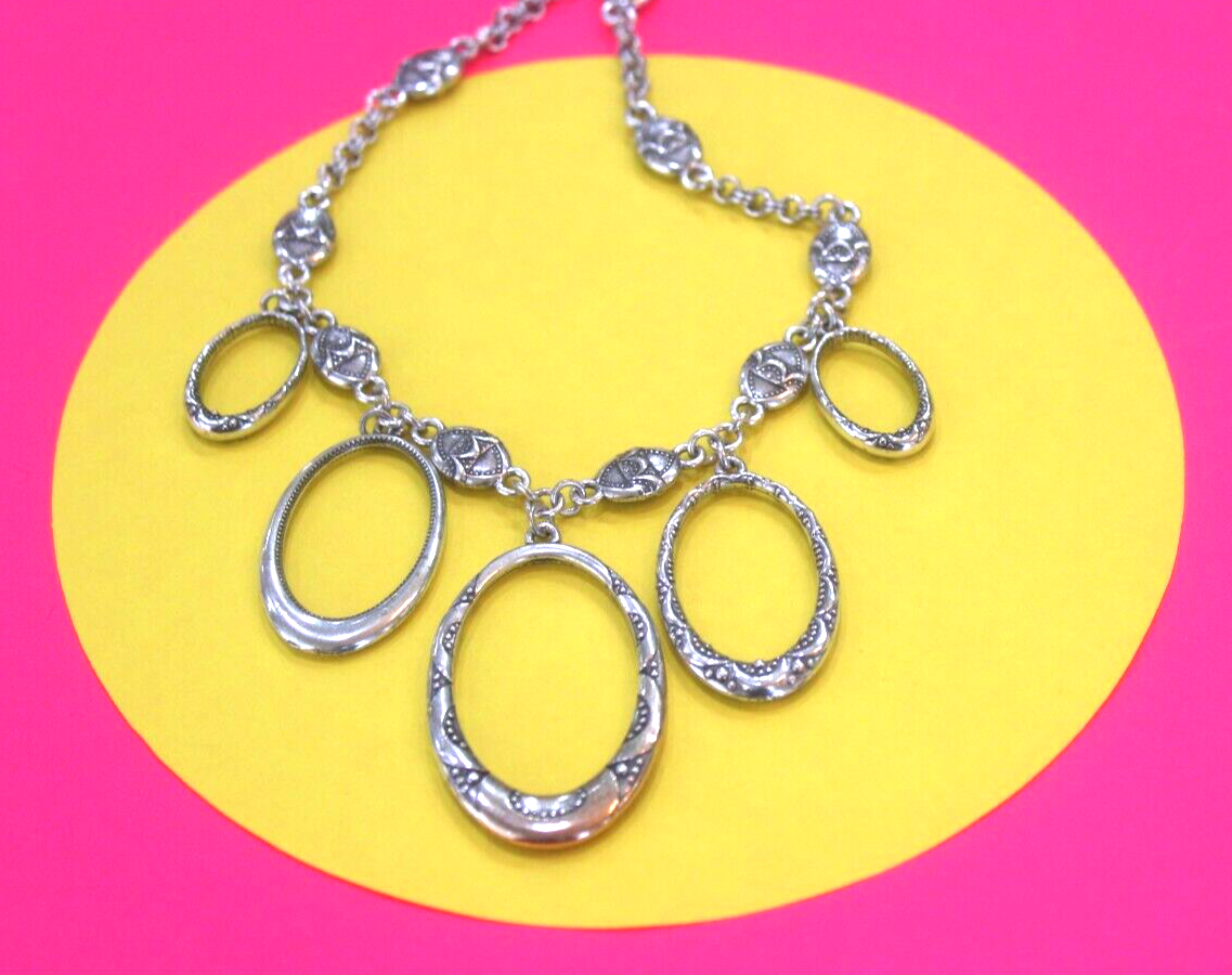 BRIGHTON Silver Tone Filigree & Chain Link Necklace Oval Dangles 15"-18"