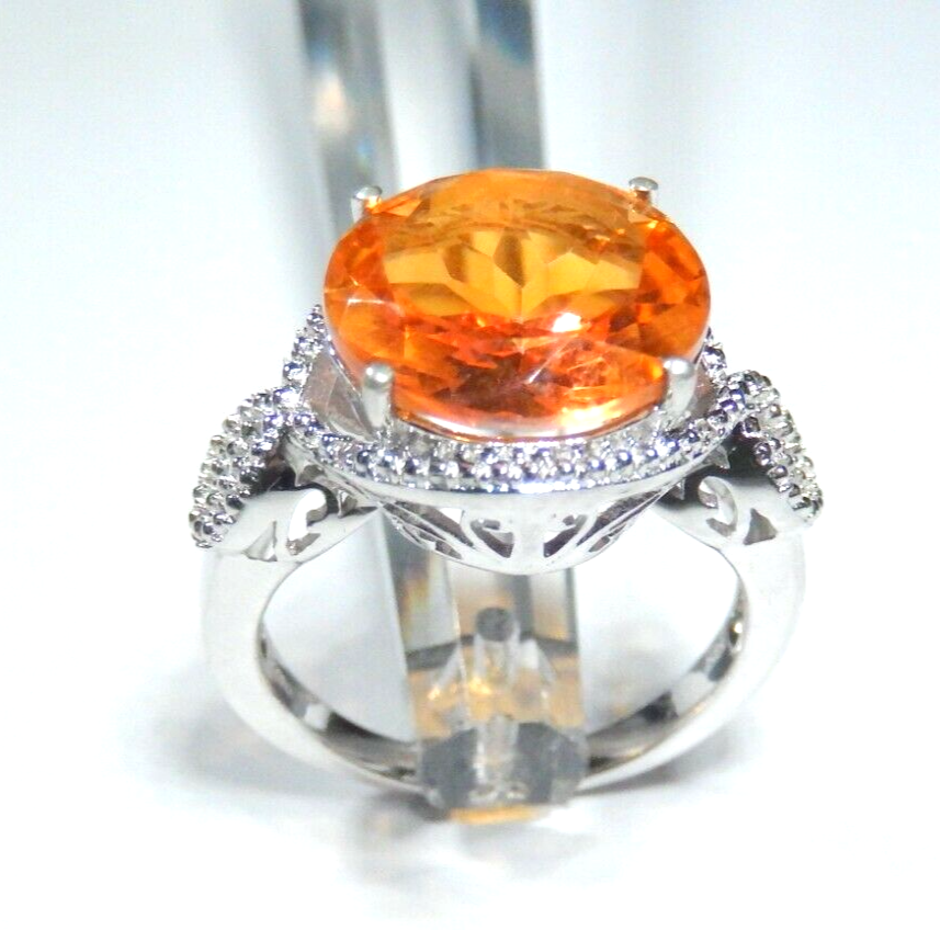 Sterling Silver 9.50 CT Round Citrine & Diamond  Ring Size 10.5