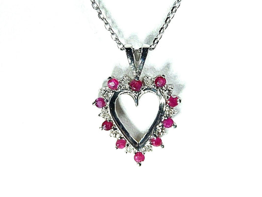 *NEW*  10K WHITE GOLD NATURAL DIAMOND & NATURAL RUBY HEART PENDANT w.18" Chain