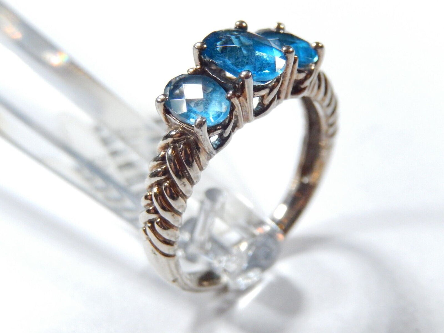 *VINTAGE* Sterling Silver 3 Stone Oval 1.75CT London Blue Topaz Ornate Ring Sz 7