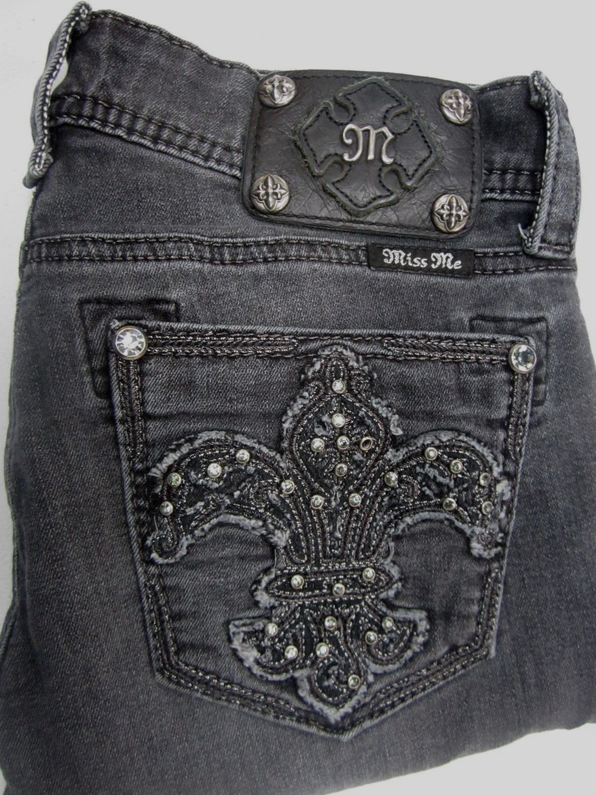 NEAR MINT Miss Me Skinny Jeans Black / Gray Fleur De Lis Pockets  Size 27 x 31