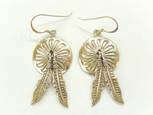 *VINTAGE Native American Sterling Silver Concho Pierced Earrings Feather Dangles