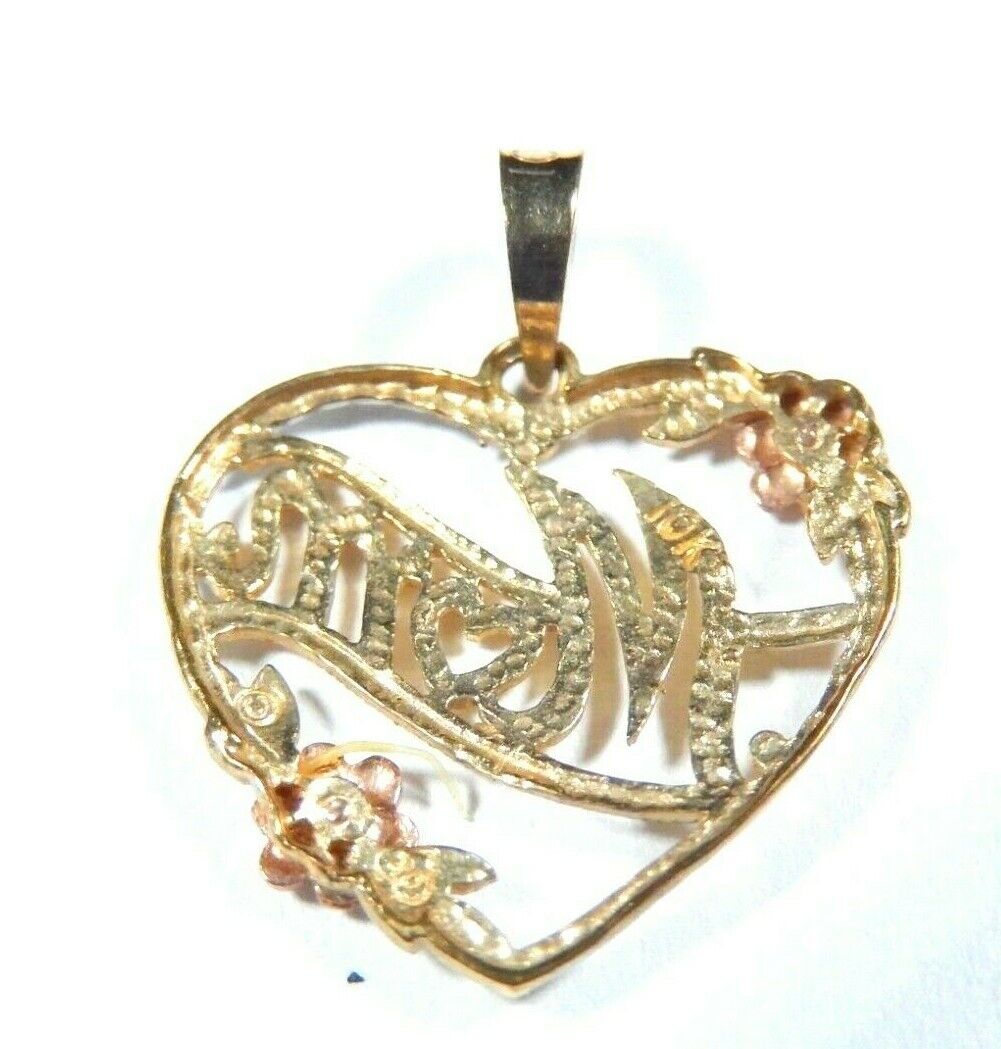 10K Tri Color Gold Mom Heart With Flower Charm Pendant - 3/4" x 11/16"