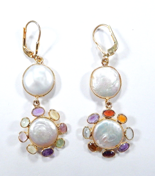 *NEW* Gold Vermeil White Button Pearl & Multi Gem Drop Dangle Leverback Earrings