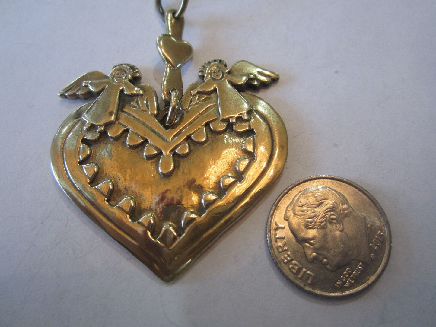 RETIRED RARE Large Jeep Collins Brass Heart with Angels Dangle Pendant HTF