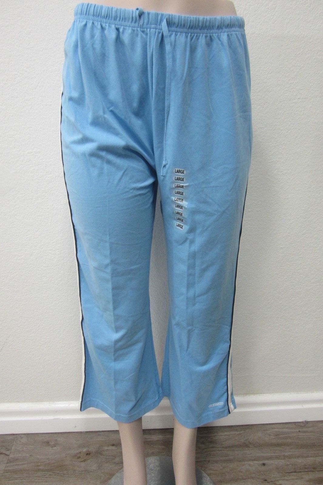 *NWT*  Reebok Womens Blue Capri Pants Elastic Drawstring Waist Athletic Size Lg