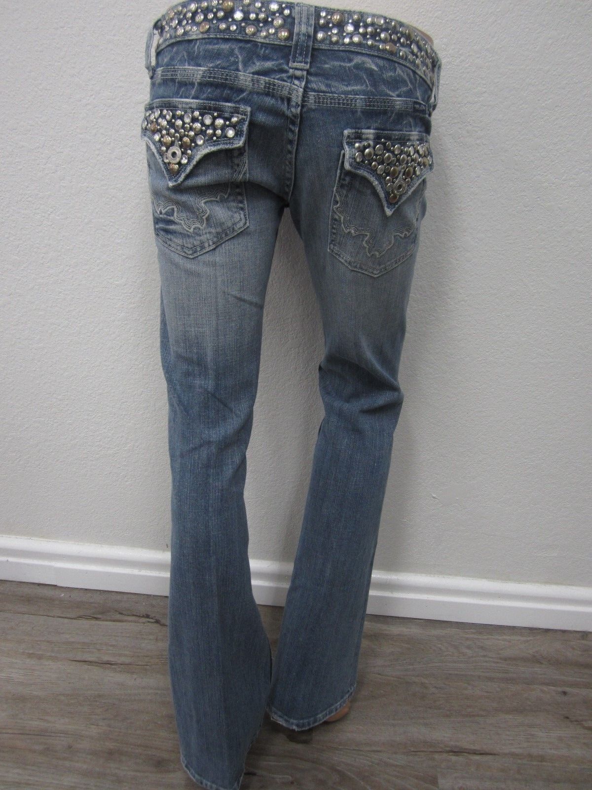 NICE Miss Me JP4288 Crystal Embellished Studded Flap Pocket Boot Cut Jeans 27x34