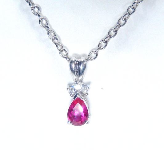 *VINTAGE* 14K White Gold Pear Lab-Created Ruby and Diamond Pendant w/18"chain