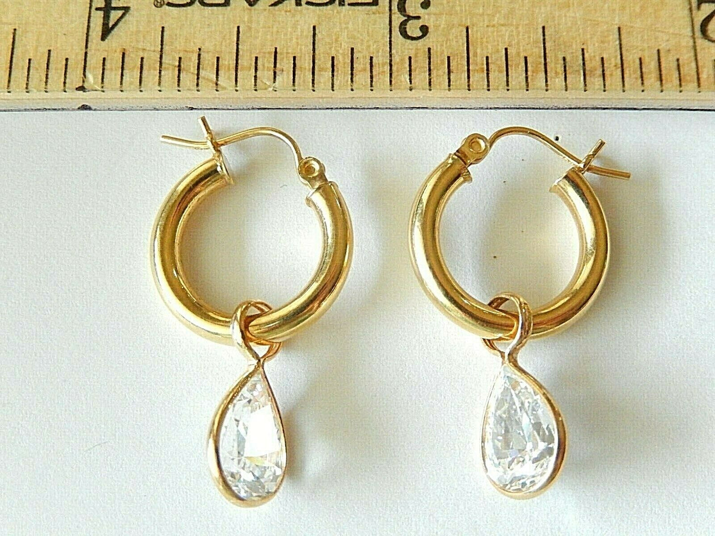 14K Yellow Gold Round Hoop Earrings With 3CT TW Dangling Pear CZ - Gorgeous -