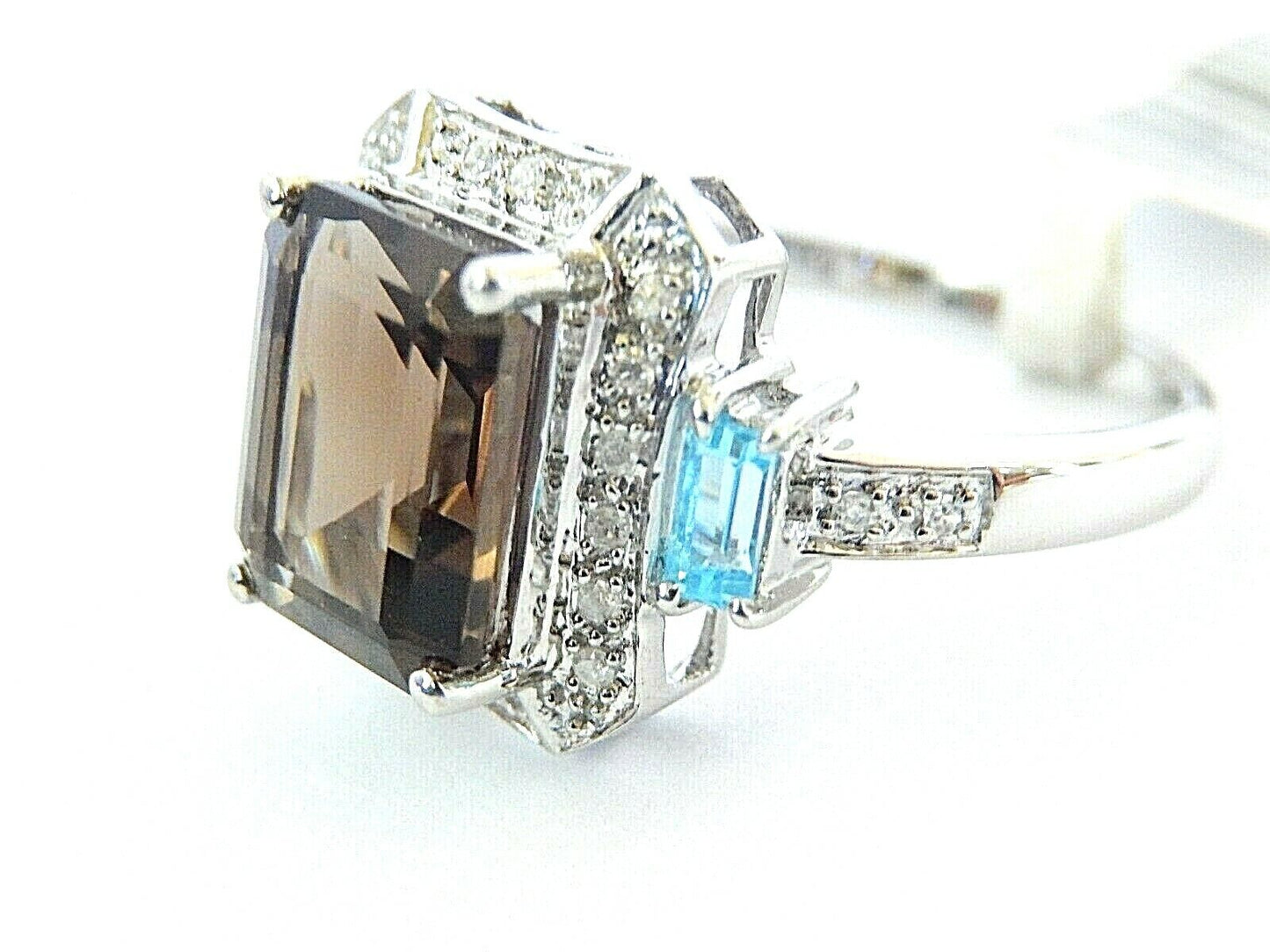 14K White Gold Smoky Quartz / Blue Topaz & Diamond Halo Ring Size 7.5