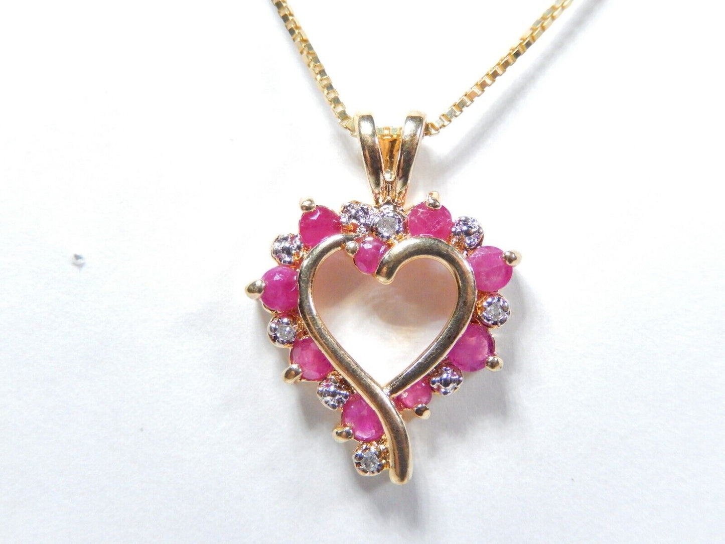 *VINTAGE*  Gold Vermeil Sterling Natural Ruby & Diamond Heart Pendant w/18"chain
