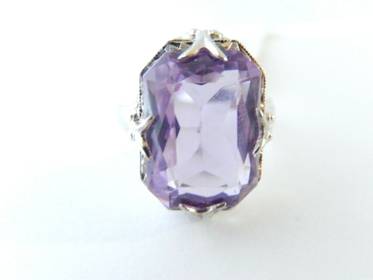 *VINTAGE* 18K White Gold Art Deco 7CT Emerald Cut Amethyst Gemstone Ring Sz 4.75