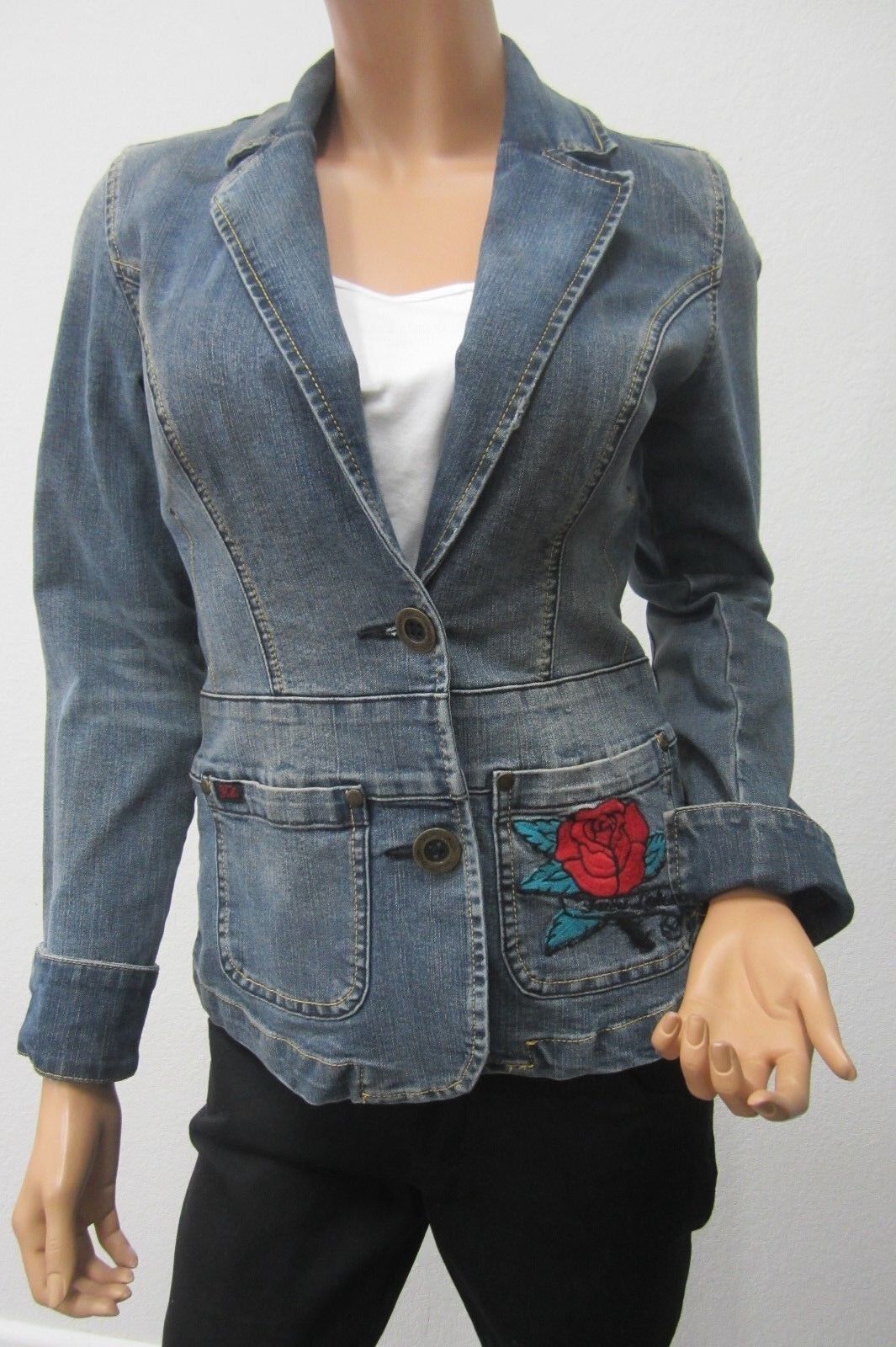 *RARE* FUBU  Collection Denim Jean Jacket Embroidered Rose & Skull Patch Size S