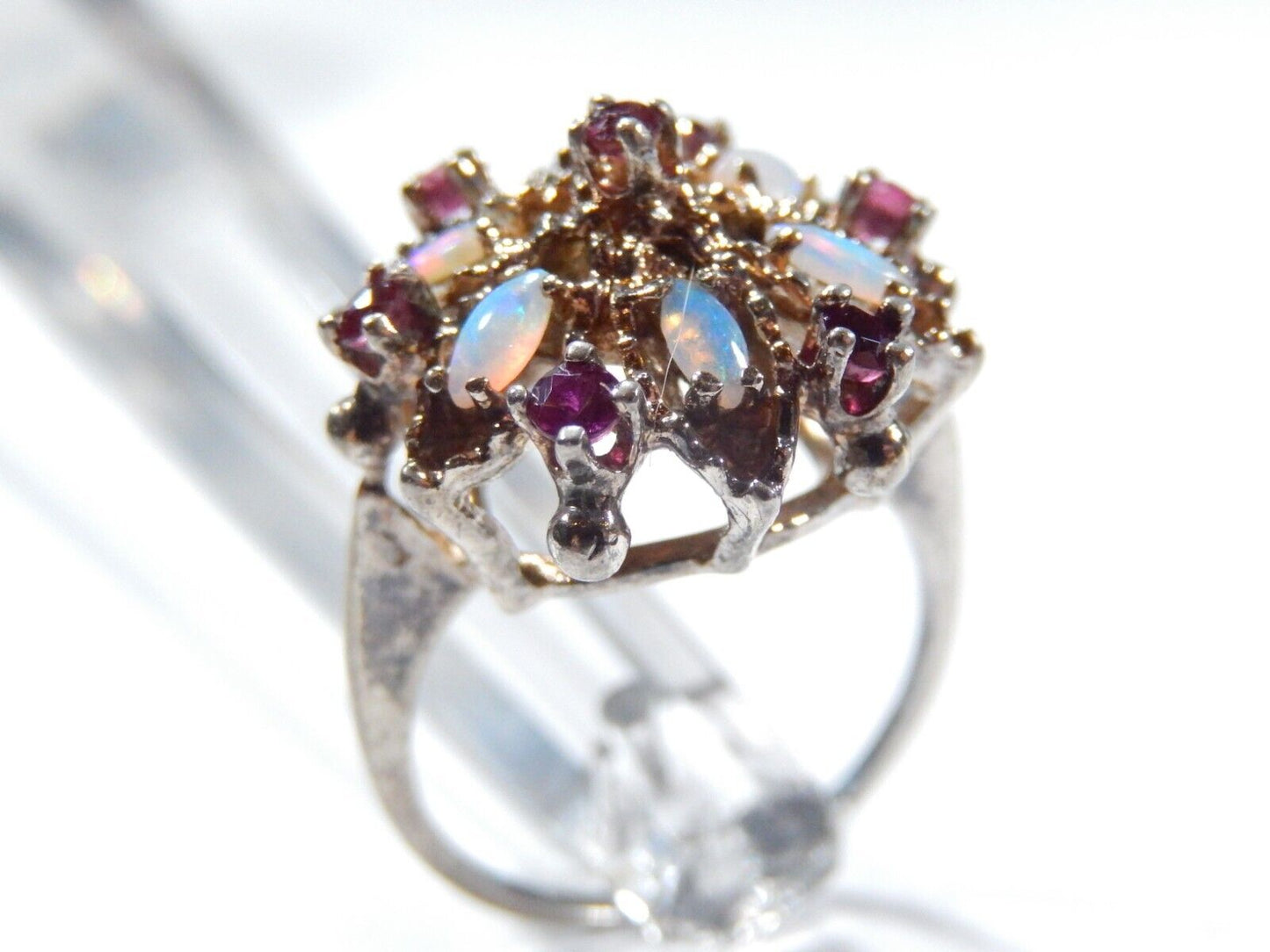 *VINTAGE*  Sterling Silver 925 RUBIES & OPALS Ladies Cocktail RING Size 5.5