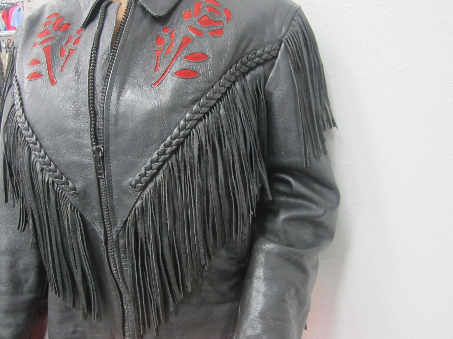 HUDSON LEATHER VINTAGE THICK HEAVY FRINGE RED FLOWER MOTORCYCLE JACKET LINED