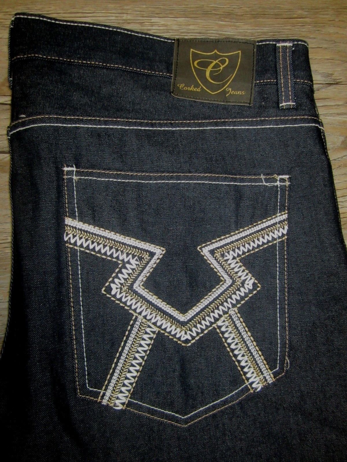 NWOT Corked Jeans Mens Dark Denim Embroidered Pockets Straight Leg Size 42 X 33