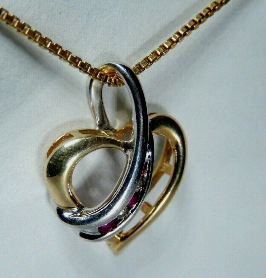 10k Yellow And White Gold Two Tone Ruby And Diamond Heart Pendant w/18" Chain