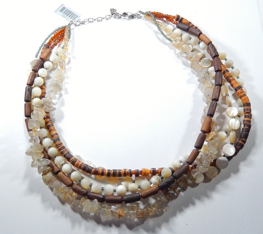 Silpada Sterling Silver Multi Strand Wood Quartz MOP Bead Necklace  17"-19"