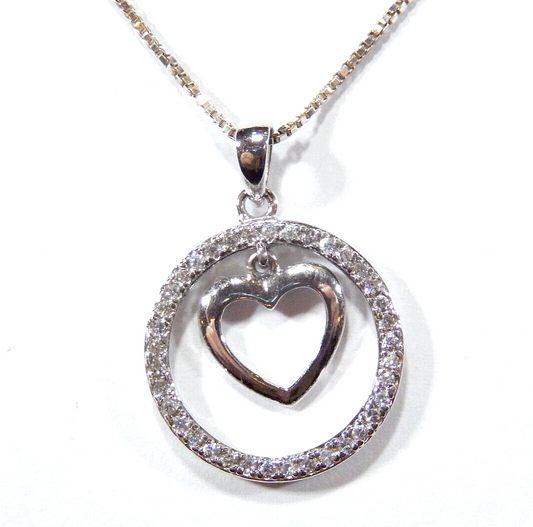 ~VINTAGE~ Sterling Silver CZ Circle of Love Pendant With Heart Dangle - 16"chain