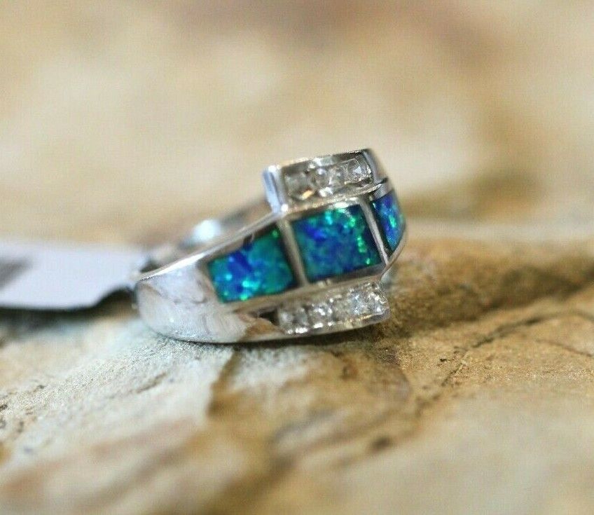 *VINTAGE*   FIRE OPAL Ring with CZ Crystals 925 STERLING SILVER Size 7.5