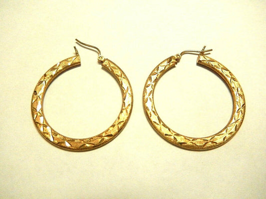 4mmX35mm 1 3/8" Diamond Cut Hoop Earrings Real 14K Yellow Gold FREE SHIPPING