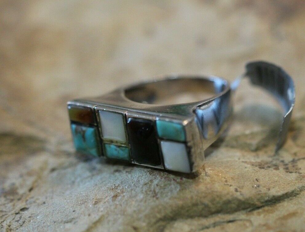 *VINTAGE* Large Native American Sterling Silver Multi Stone Ring Size 10.5