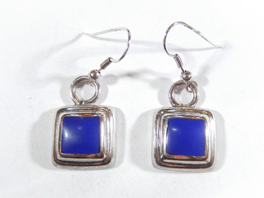 *VINTAGE* Mexico 925 Sterling Silver & Lapis Lazuli Square Dangle Earrings