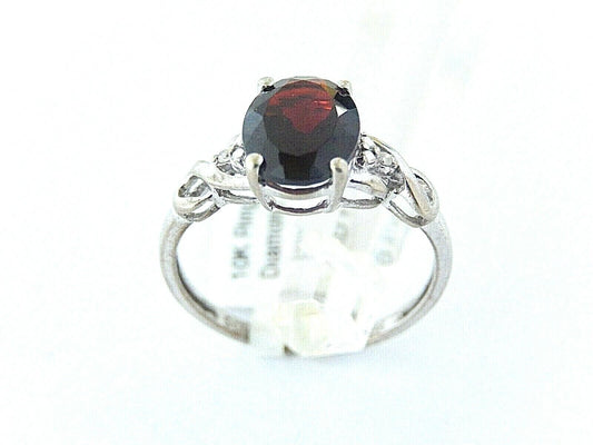 10k White Gold 2.00CT Oval Garnet and Diamond Ring Sz 7.5