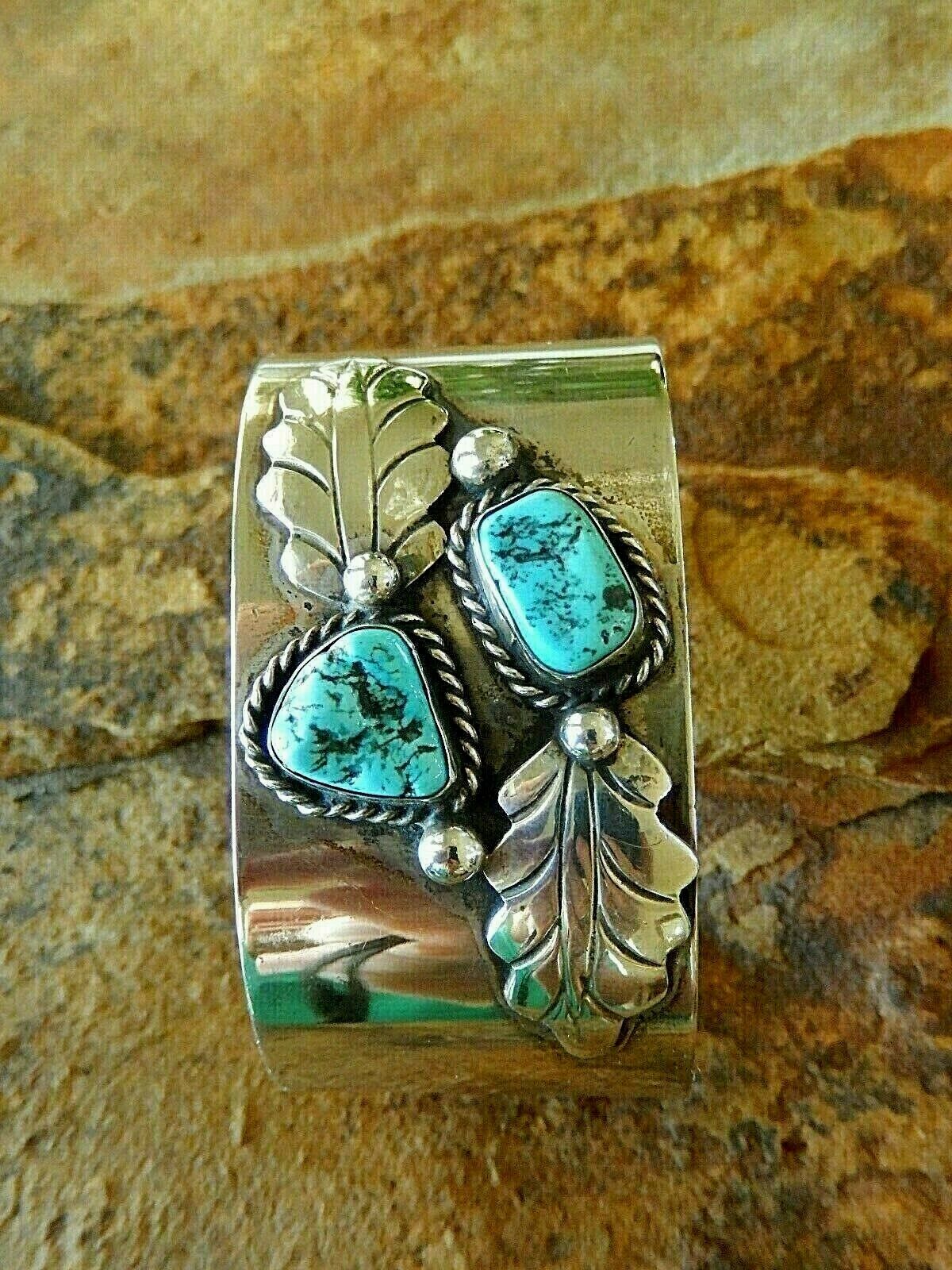 Vintage WIDE & HEAVY Southwest  Sterling SilverTurquoise Bangle F. SANDOVAL