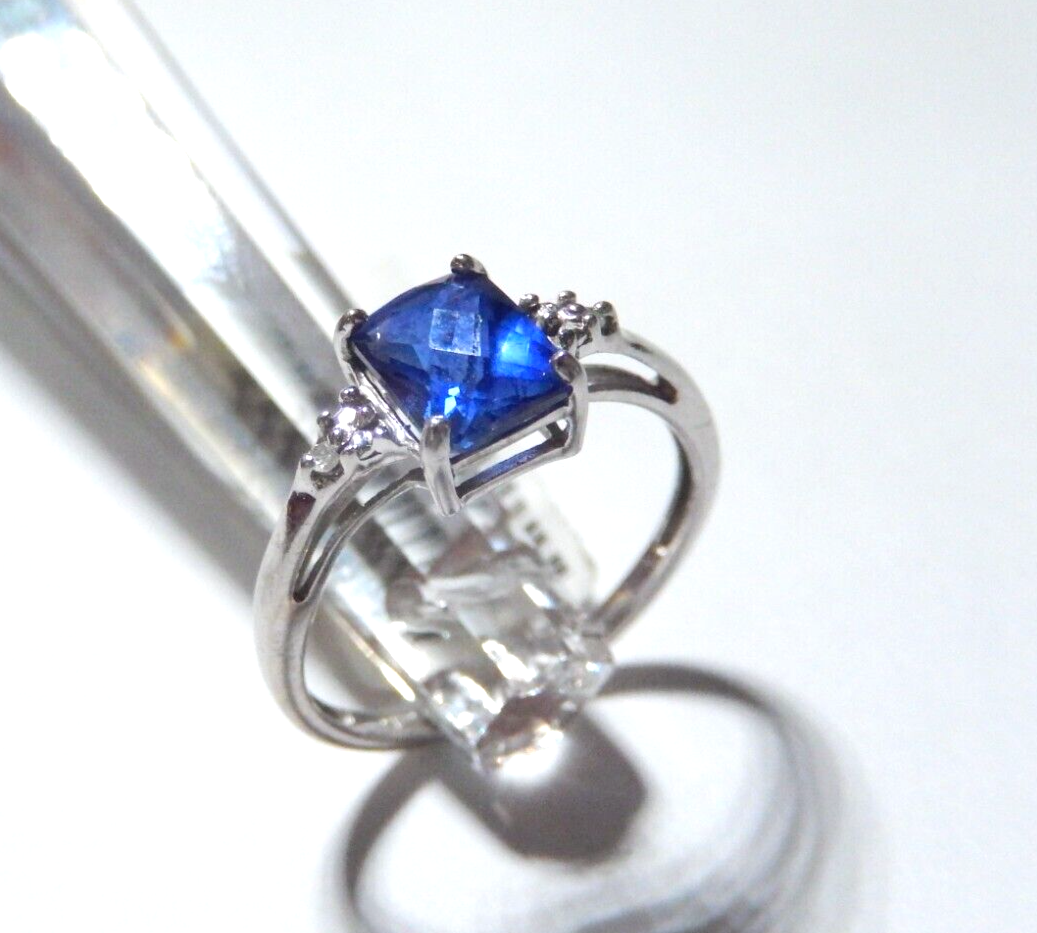 *VINTAGE* 10k White Gold Lab Created Checkerboard Cut Sapphire &Diamond Ring 5.5