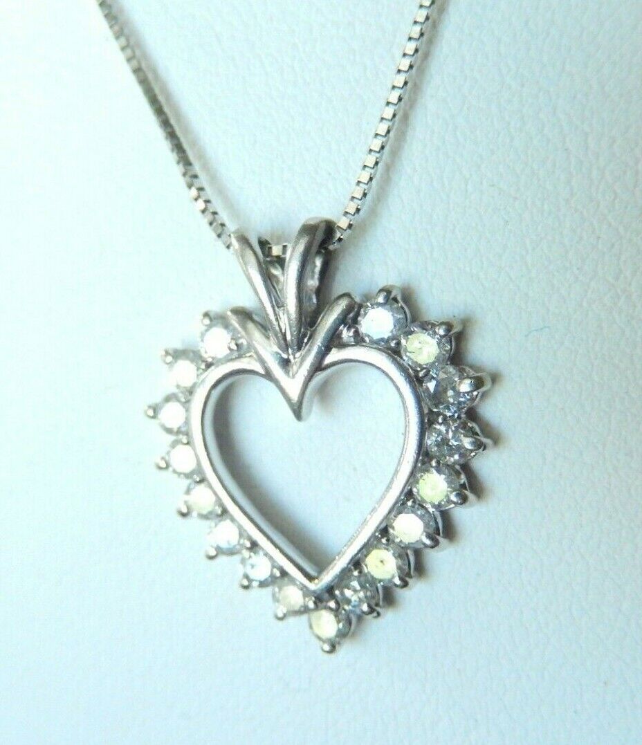 *VINTAGE* 10K WHITE GOLD .75CT 17  DIAMOND OPEN HEART PENDANT w/18" 10K CHAIN