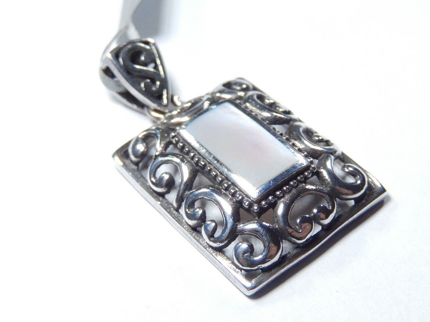 *VINTAGE* Sterling Silver Rectangle White MOP Filigree Openwork Pendant