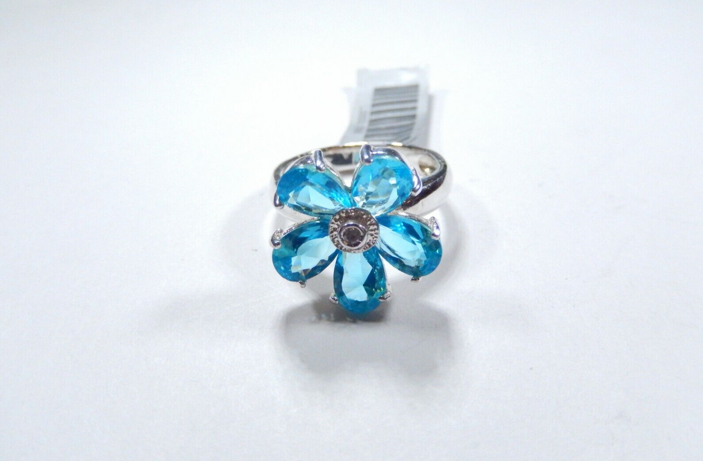 *VINTAGE* 925 Sterling Silver Flower Cluster London Blue Topaz Ring Size 7