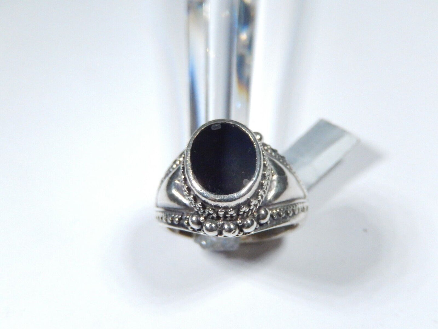 925 Sterling Silver Vintage Real Black Onyx Gem Oval Beaded Ring Size 7.25