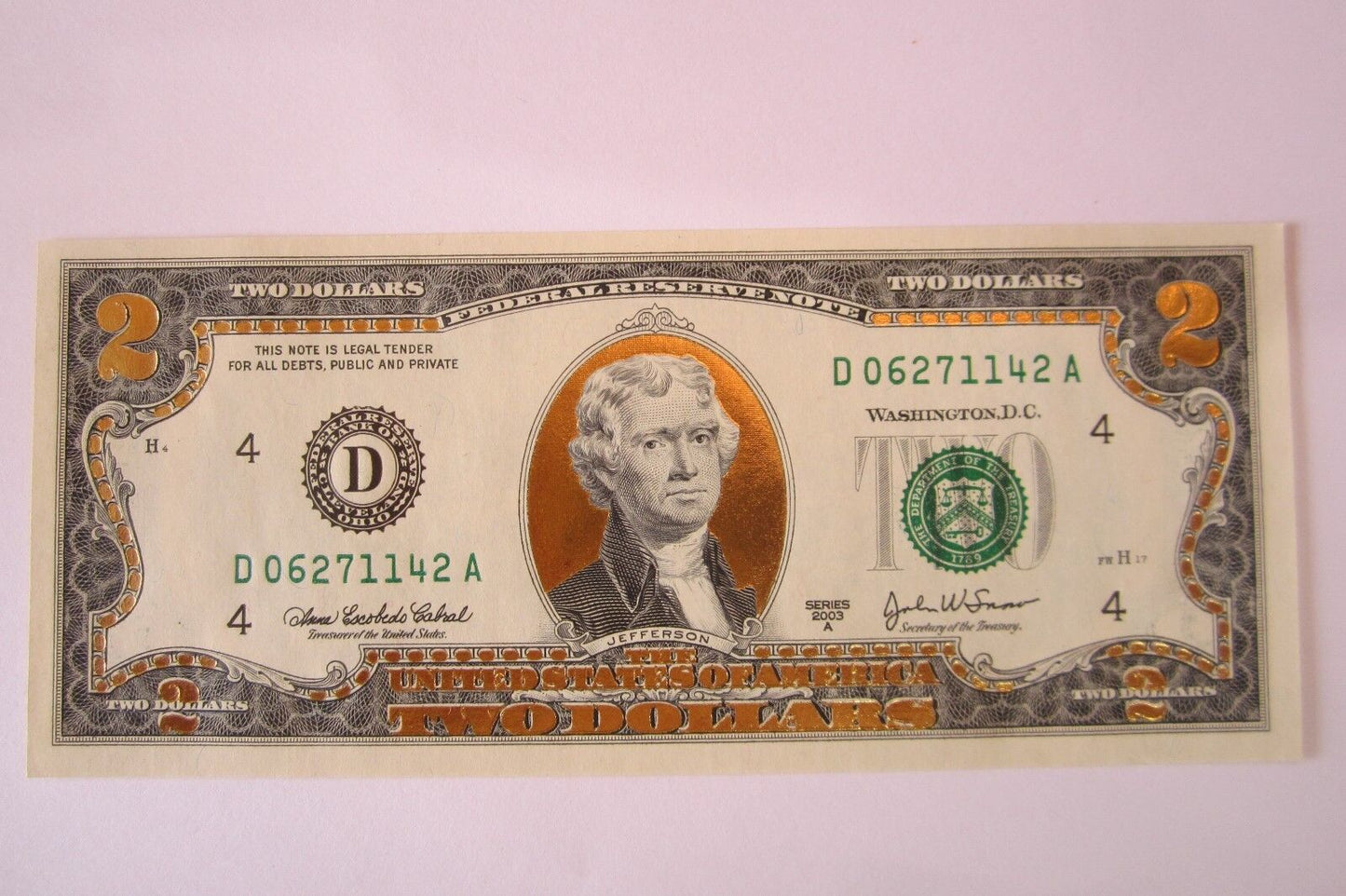 22 K GOLD LEAF- 2 DOLLAR BILL-  COLLECTOR  LEGAL NOTE- D06271142A