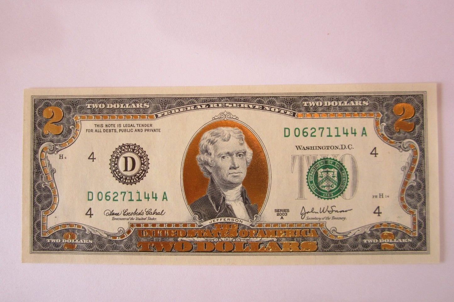 22 K GOLD LEAF- 2 DOLLAR BILL-  COLLECTOR  LEGAL NOTE- D06271144A