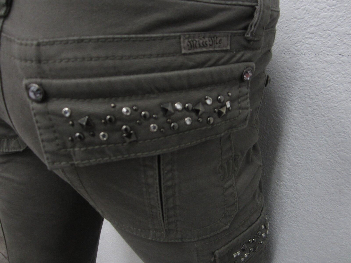 NWT MISS ME CP1246C Embellished Cargo Casual Ankle-Zip Pants Light Olive 27x31