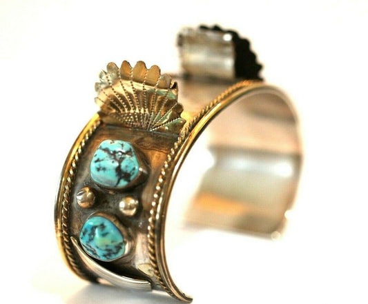 Native American Indian Turquoise Nuggets Sterling Silver Stamped Watch Bracelet