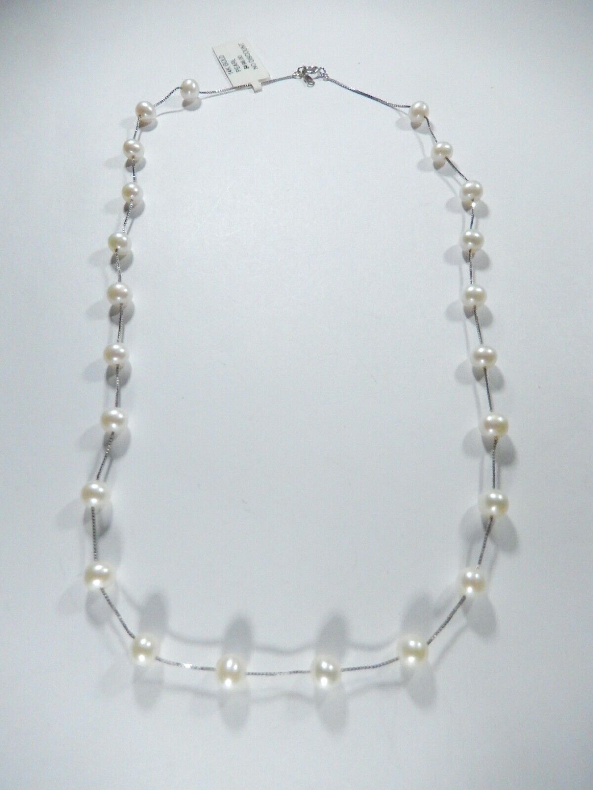 *VINTAGE*  14K White Gold Box Chain Necklace with 23 White 6 mm Pearls 16"length