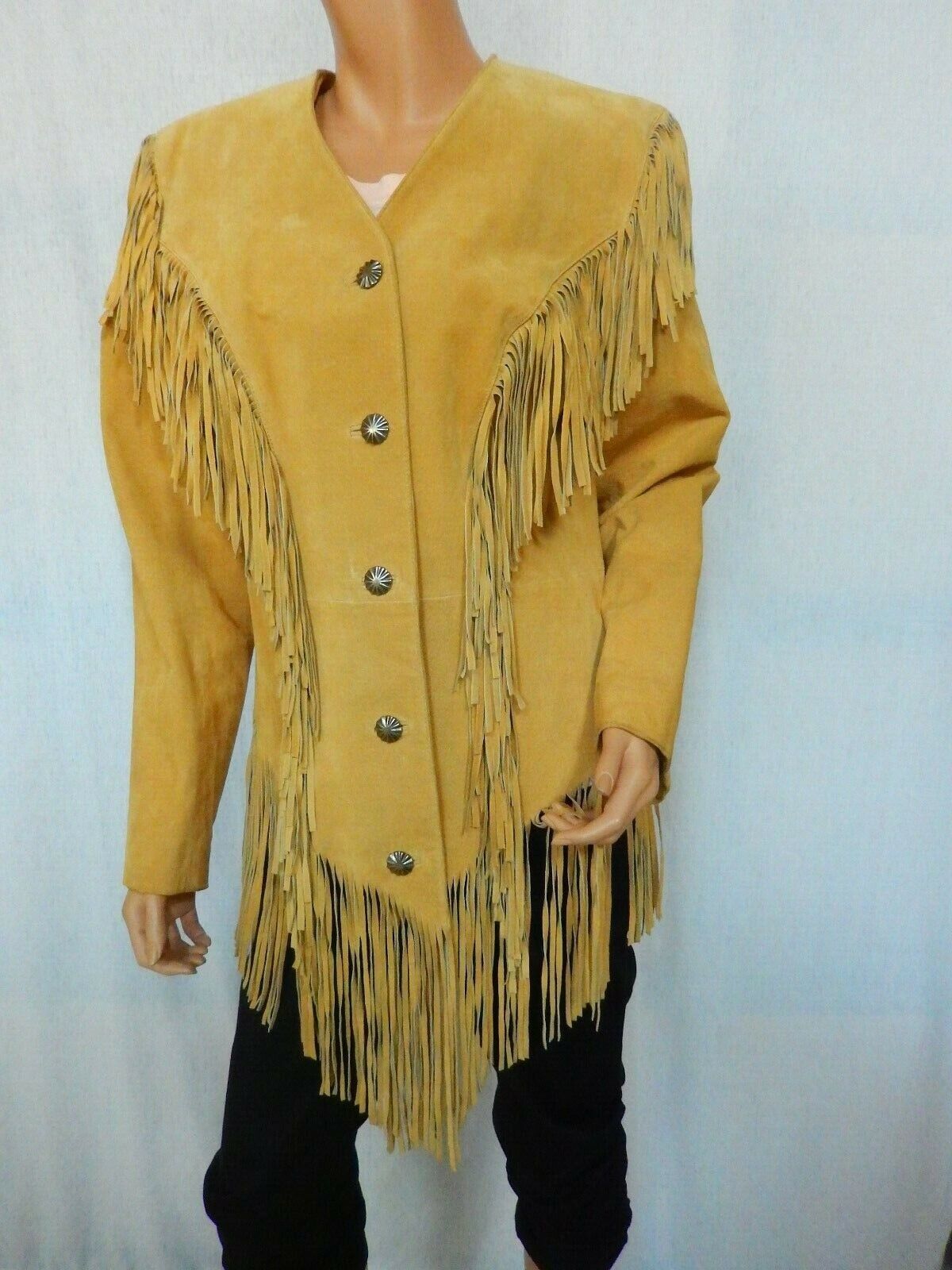 *VINTAGE* NICE Cripple Creek Tan Suede Fringe Button Front Western Jacket Sz L
