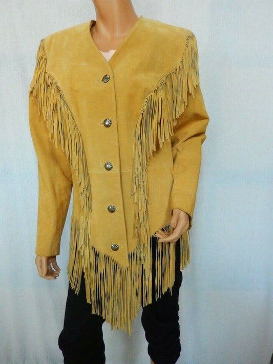 *VINTAGE* NICE Cripple Creek Tan Suede Fringe Button Front Western Jacket Sz L