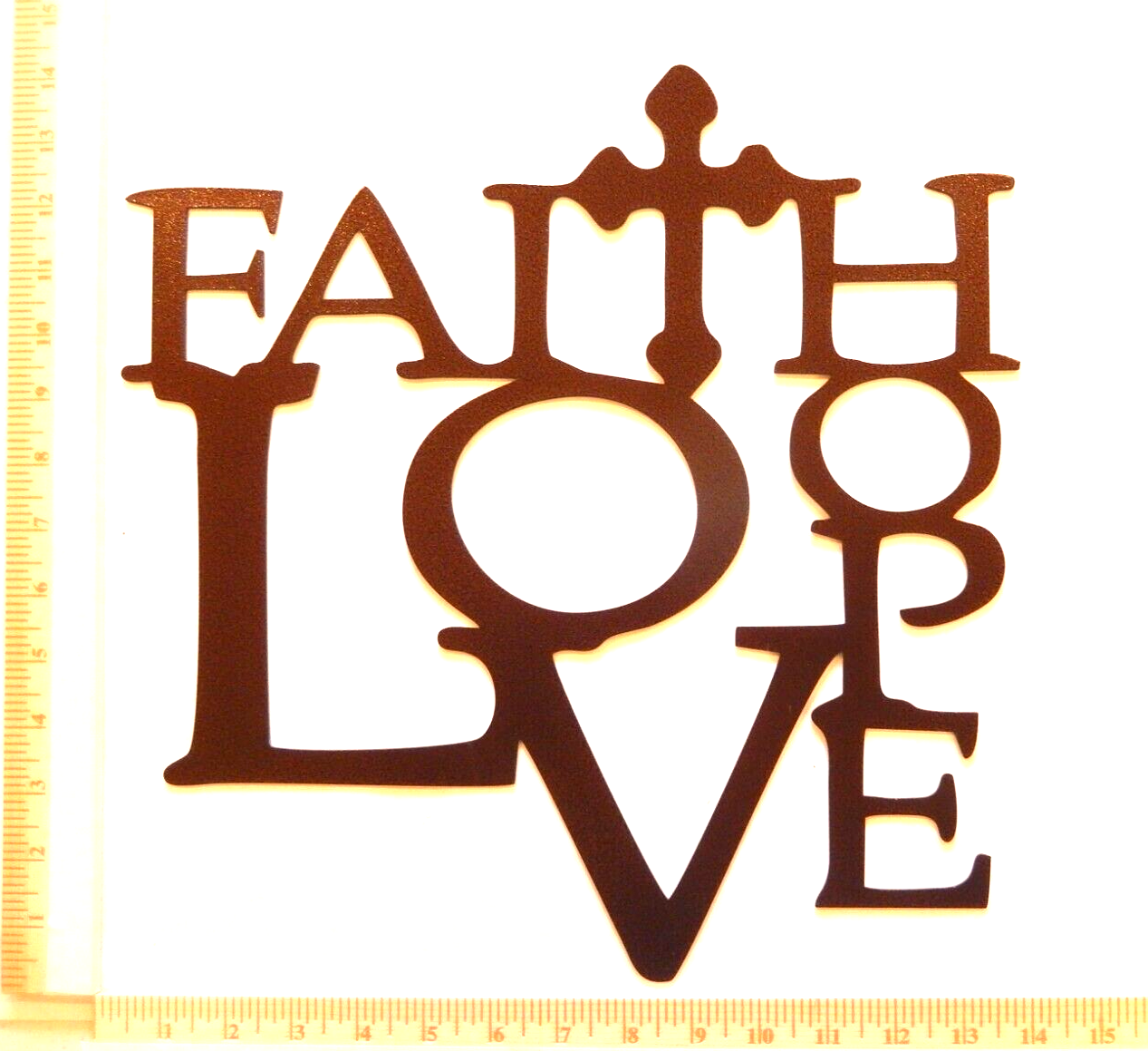 ~NEW~ 14ga. "Faith Love and Hope with Cross" Copper Brown Metal Wall Art 14"x14"