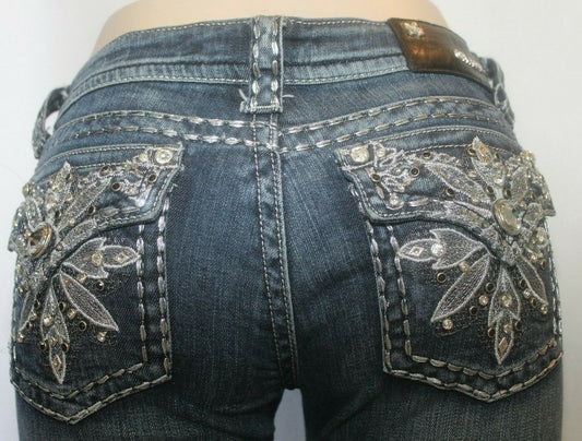 Grace In LA Suuper Embellished Jeans Mid Rise Flap Easy Bootcut Sz 7 (27 x 33.5)
