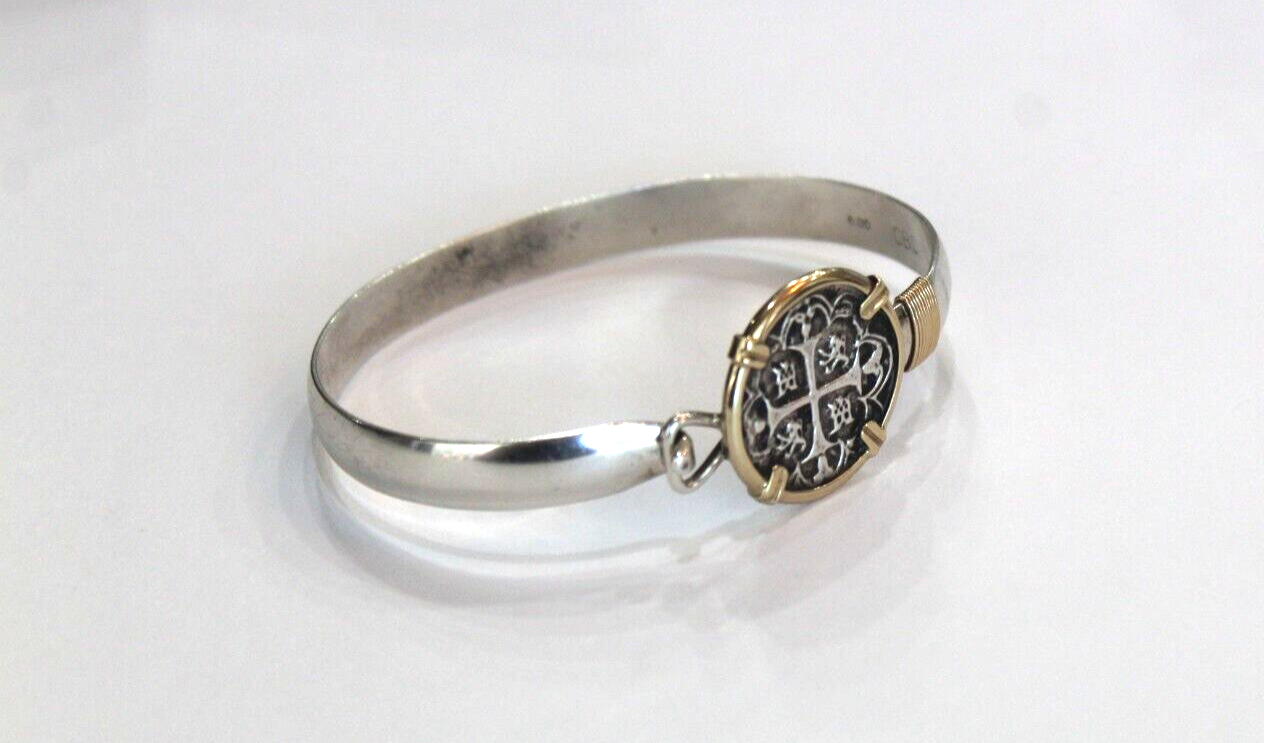 *VINTAGE*   14K Gold & Sterling Silver Cross Medallion 8mm Bangle Bracelet