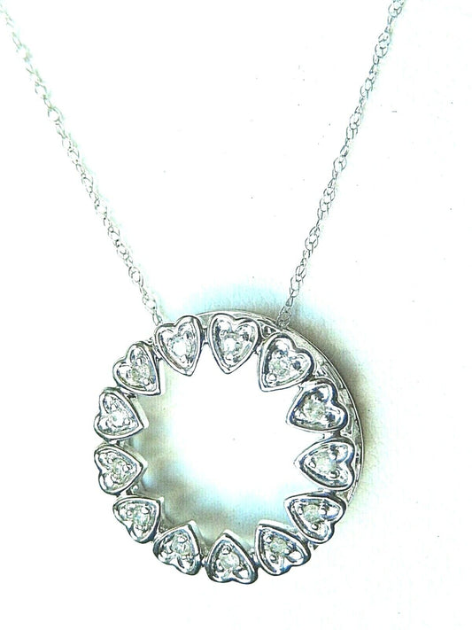 *NWT* 10k White Gold Round Diamond Heart Eternity Circle Slider Pendant w/18"Chn