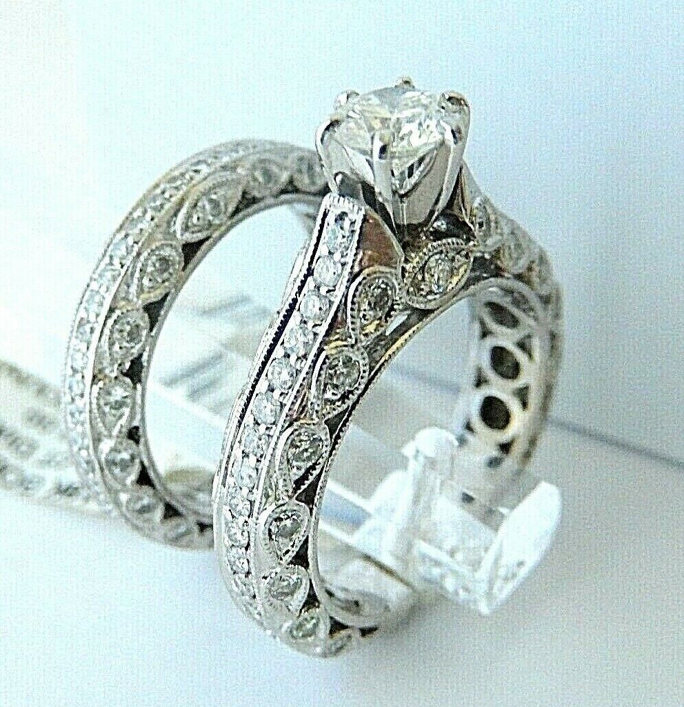 18K WHITE GOLD NATURAL 2.5 CTW DIAMOND ENGAGEMENT RING WEDDING BAND SET SIZE 6.5