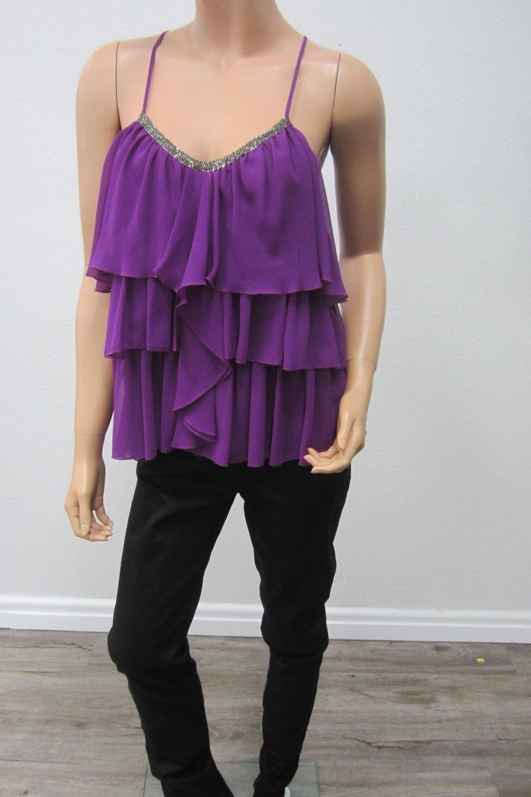 NEW  Express Fuchsia Sheer Chiffon Ruched Draped Ruffle Flutter Sleeveless Top S