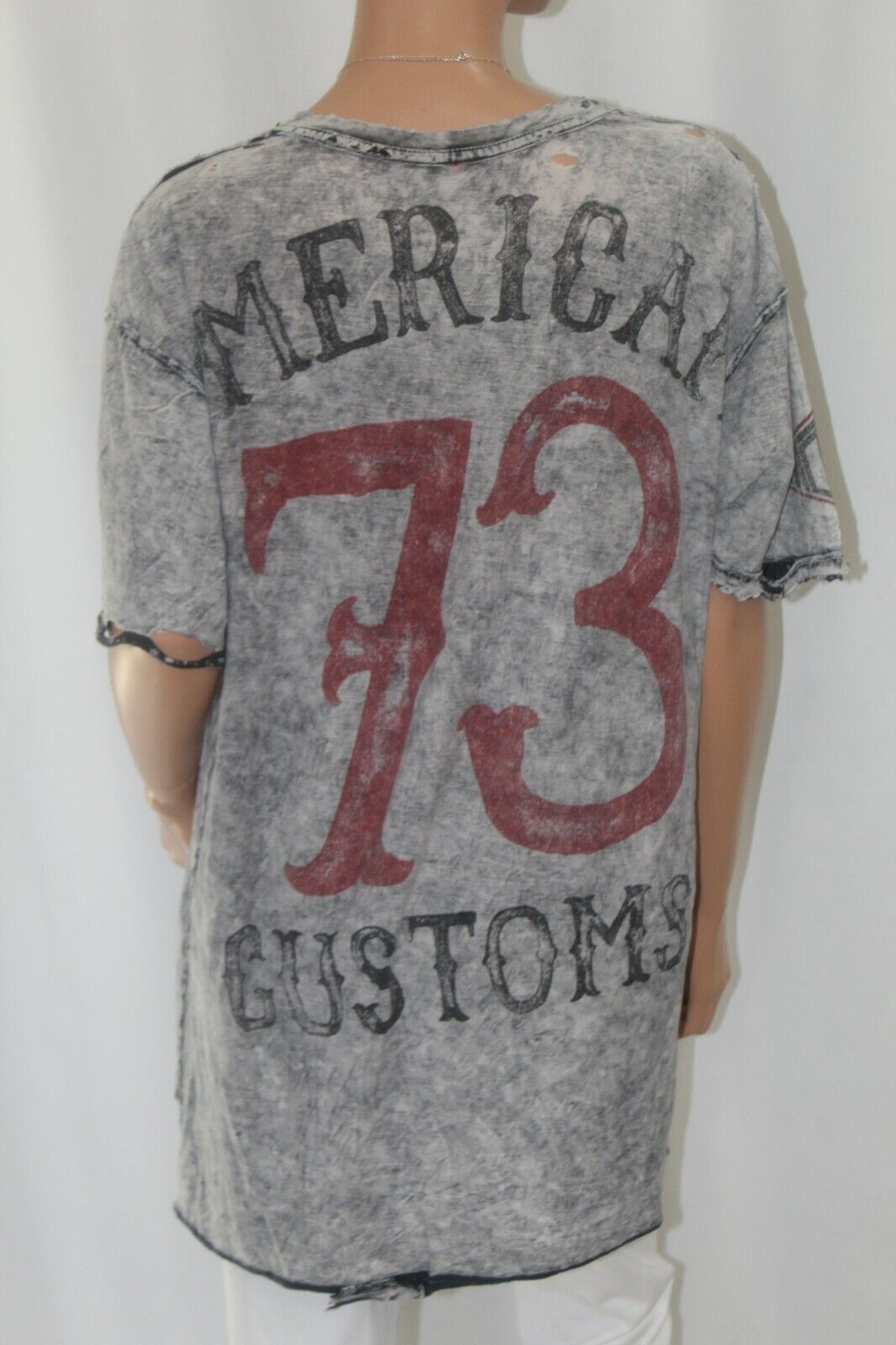 Affliction Mens T-Shirt Gray Red Black American 73 Graphic V-Neck Reversible XXL