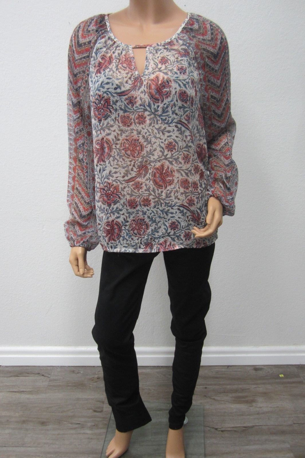 *NWT* Lucky Brand SUPER CUTE  Floral Sheer Panel Long Sleeve Blouse Top Size Med